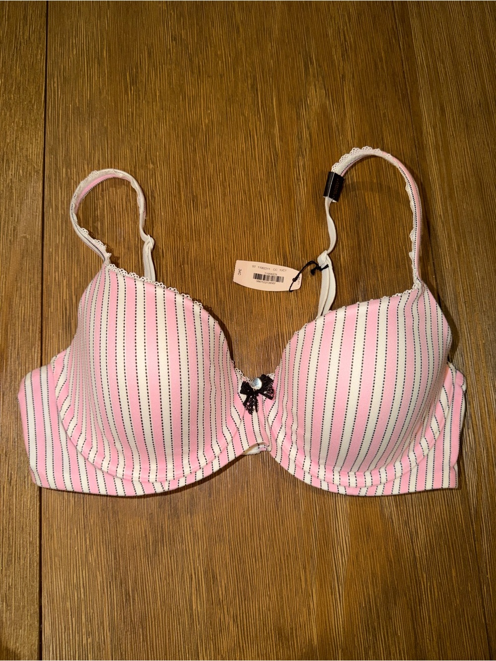 Victoria's Secret Pink White Stripe Heart Charm Bow Bra 34C NWT